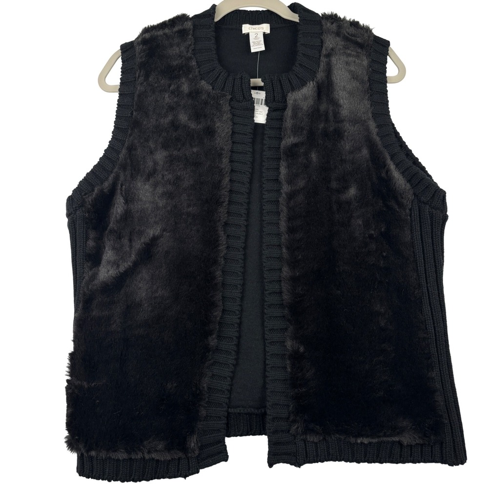 Chico's Freida Vest Womens 2 Sz L Black Wool Cotton Faux Fur Trim NWT